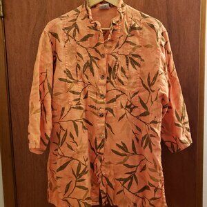 Click By Color Me Cotton Orange Floral Print 100% Linen Button Down Top Size XL